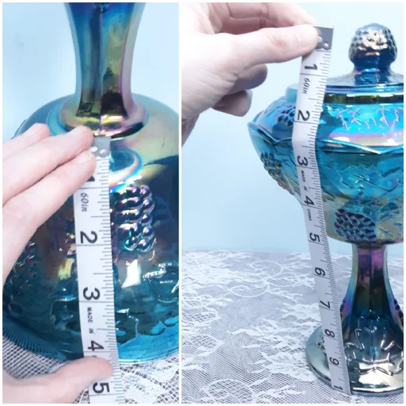 Indiana Blue Iridescent Carnival Glass Pedestal Compote Harvest Grape Purple Lid - Picture 6 of 16